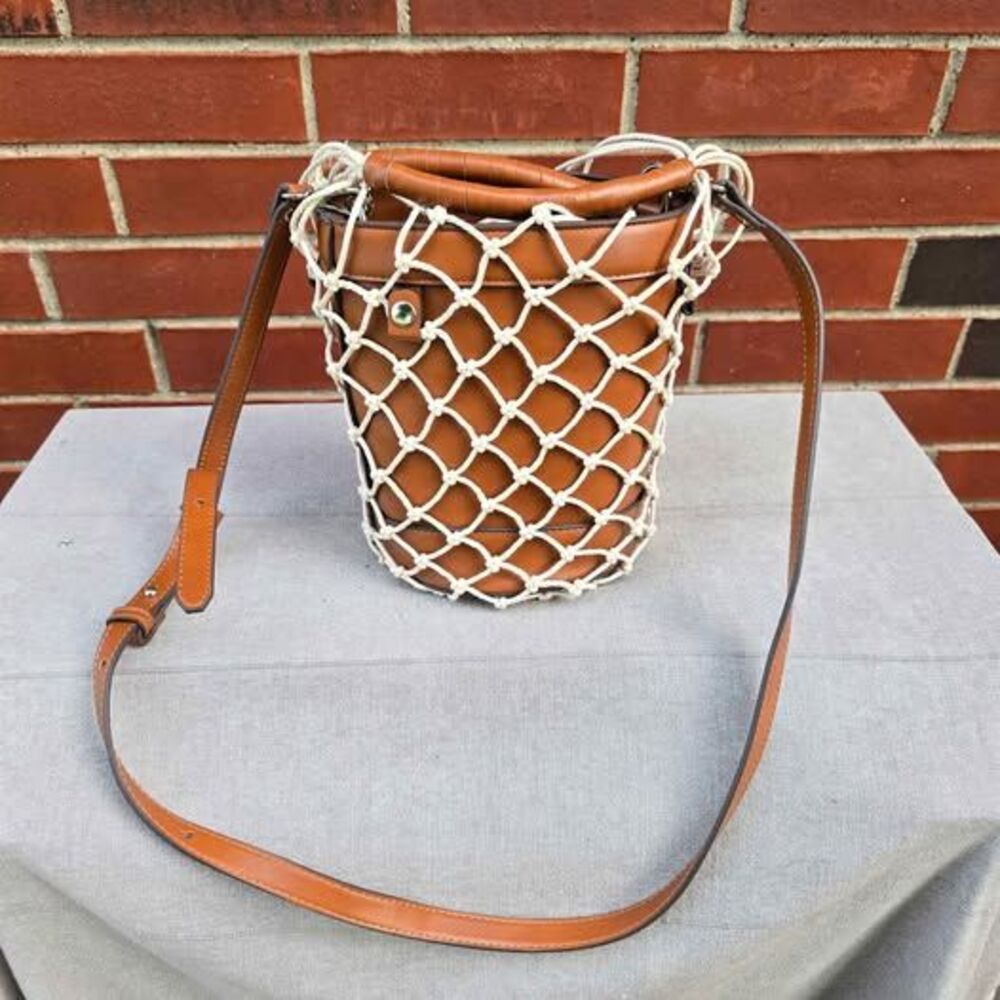 Steve Madden Mermaid Cognac White Adjustable Strap Crossbody Bucket, Cognac